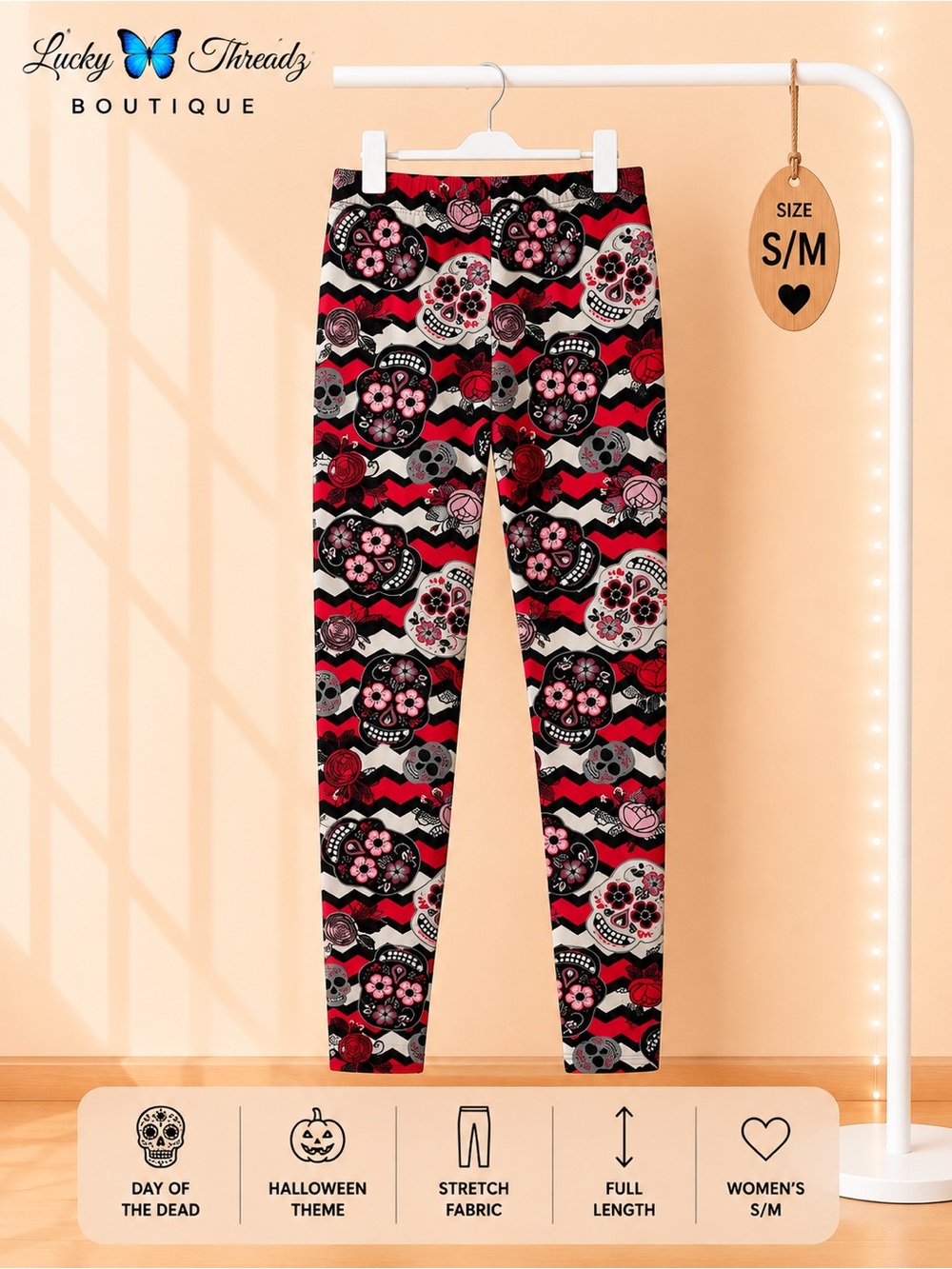 Day of the Dead Sugar Skull Leggings Red Black Halloween Dia de Muertos S M⁠